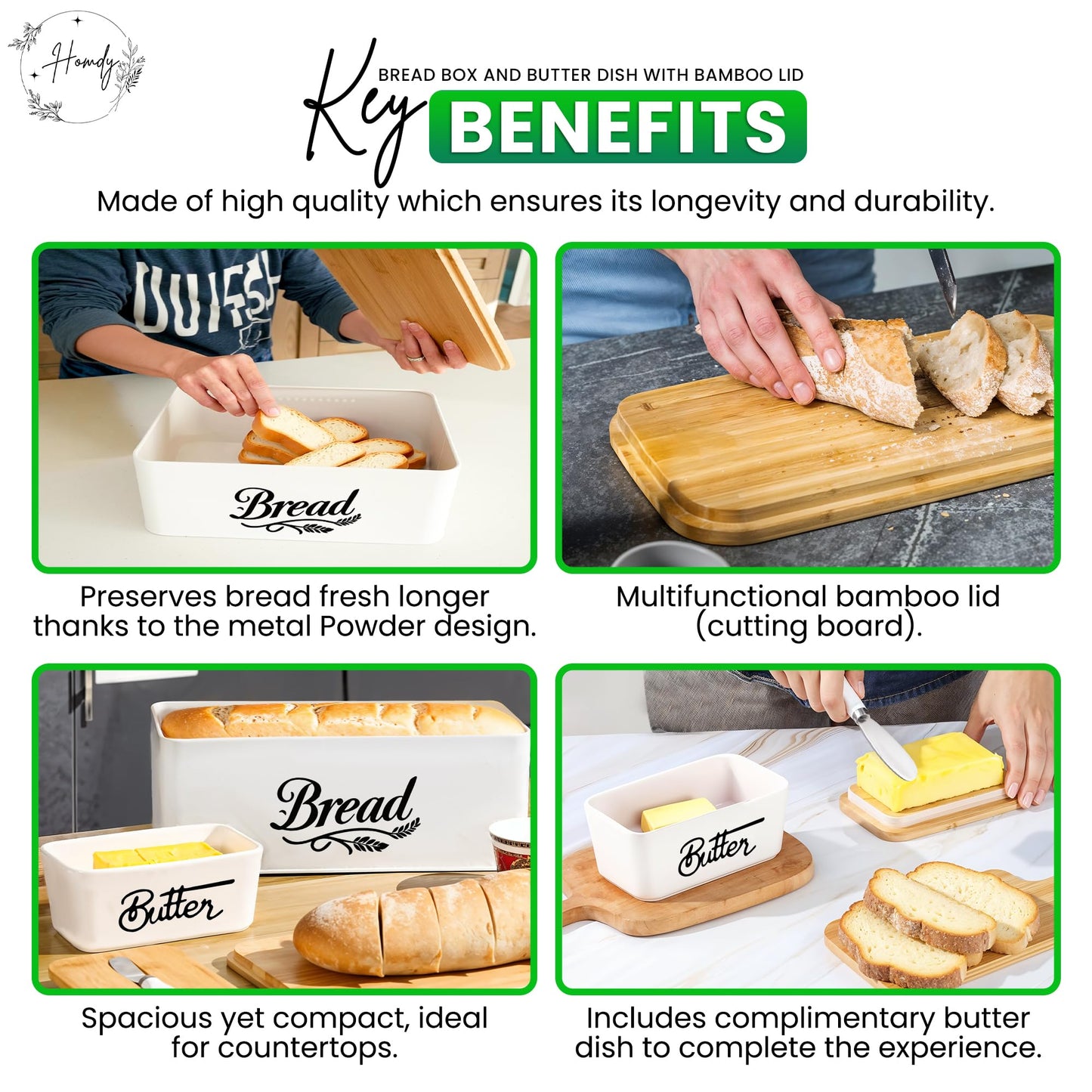 HOMDY, Bread Box for Kitchen Countertop, Bamboo Bread Bin with Cutting Board Lid, Ceramic Butter Dish with Lid & Knife, Bread Holder for Homemade Bread, Bread Storage, White Bread Box