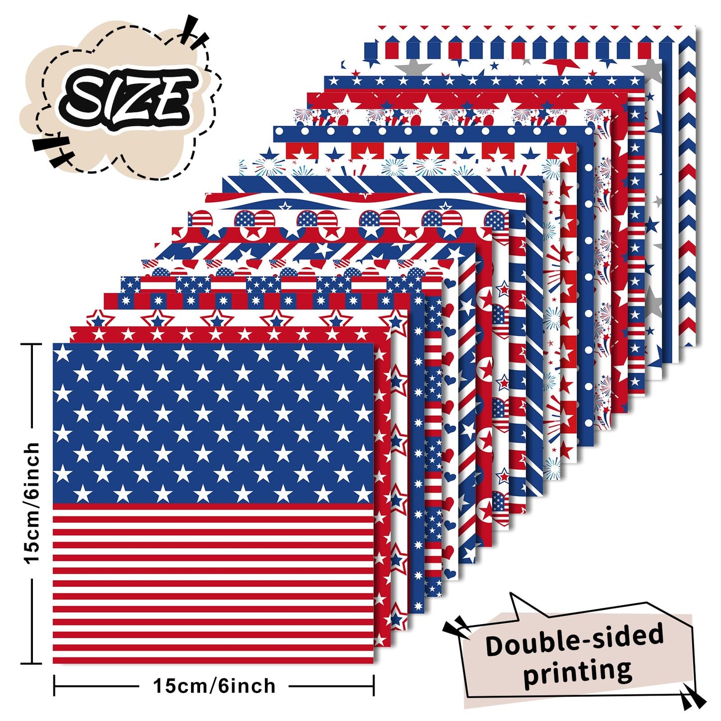 Whaline 40 Sheets Patriotic Pattern Paper Star Fireworks Stripe Scrapbook Specialty Paper 4th of July Double Sided Craft Papers For Independence Day DIY Card Making Photo Album Decor, 5.9 x 5.9 Inch