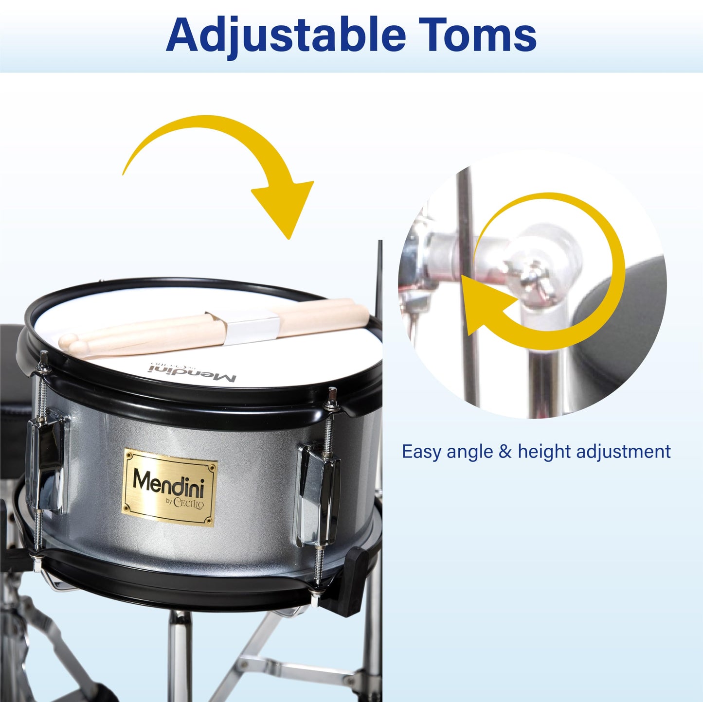 Mendini by Cecilio Drum Set, 5 Piece 16 Inch Junior Drums Kit with Bass, Toms, Snare Drum, Cymbal, Hi-Hat, Drumsticks & Seat for Beginner (Metallic Silver)