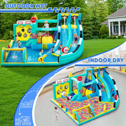 FINCOME Bounce House Double Slides for Kids 3-10, Large Bounce Castle with Air Blower 550W, Pool, Jumping, Climbing, Balls, Ring Toss, Inflatable Water Park for Birthday Party Holiday Outdoor Indoor