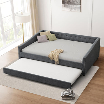 Ball & Cast Full Size Upholstered Tufted Daybed with Twin-Size Trundle, Bed Frame w/Button Tufted Back and Waved Shape Arms,for Bedroom,Guest Room,Apartment,Dark Grey