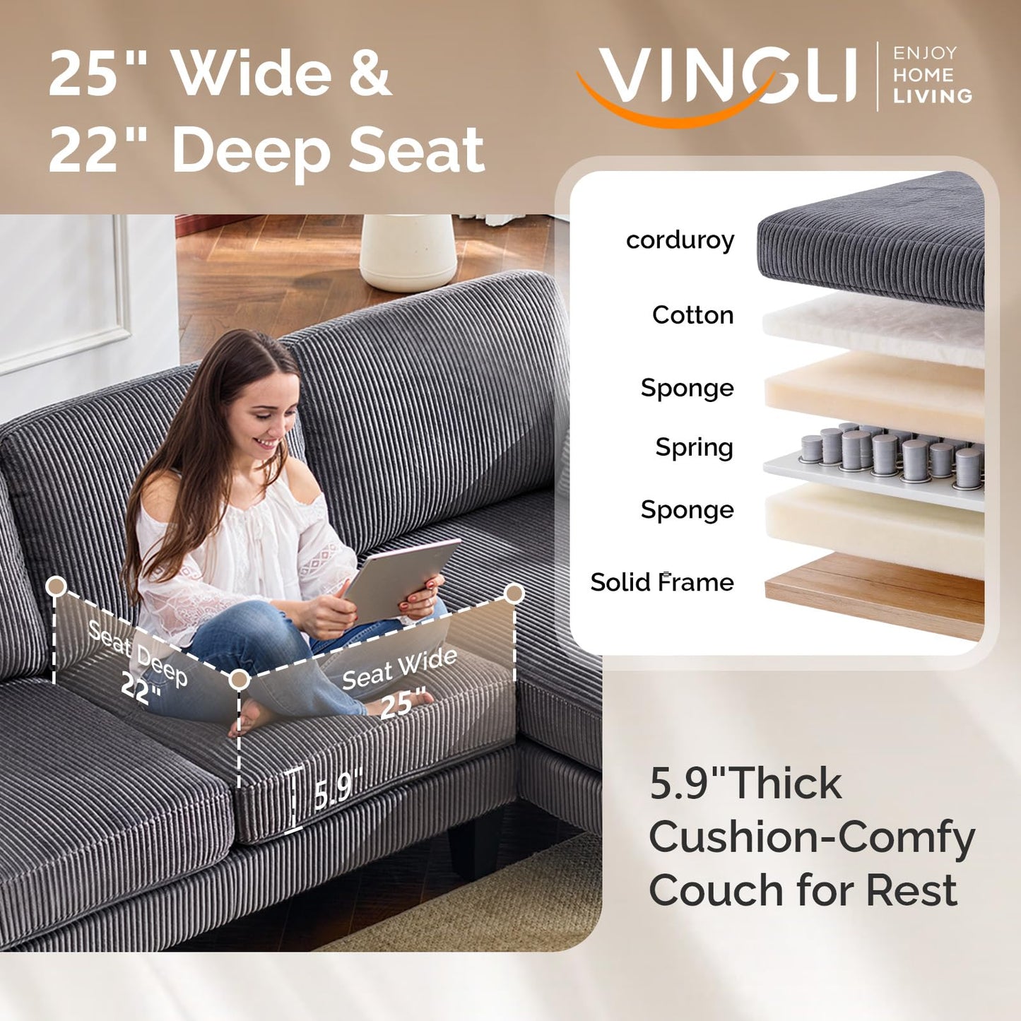 VINGLI 108" W U-Shaped Sectional Couches for Living Room, Sturdy Wooden Armrest Corduroy Cloud Couch with Double Chaise, High Support Modern 4-Seat Sectional Sofa for Apartment, Offices, Dark Grey