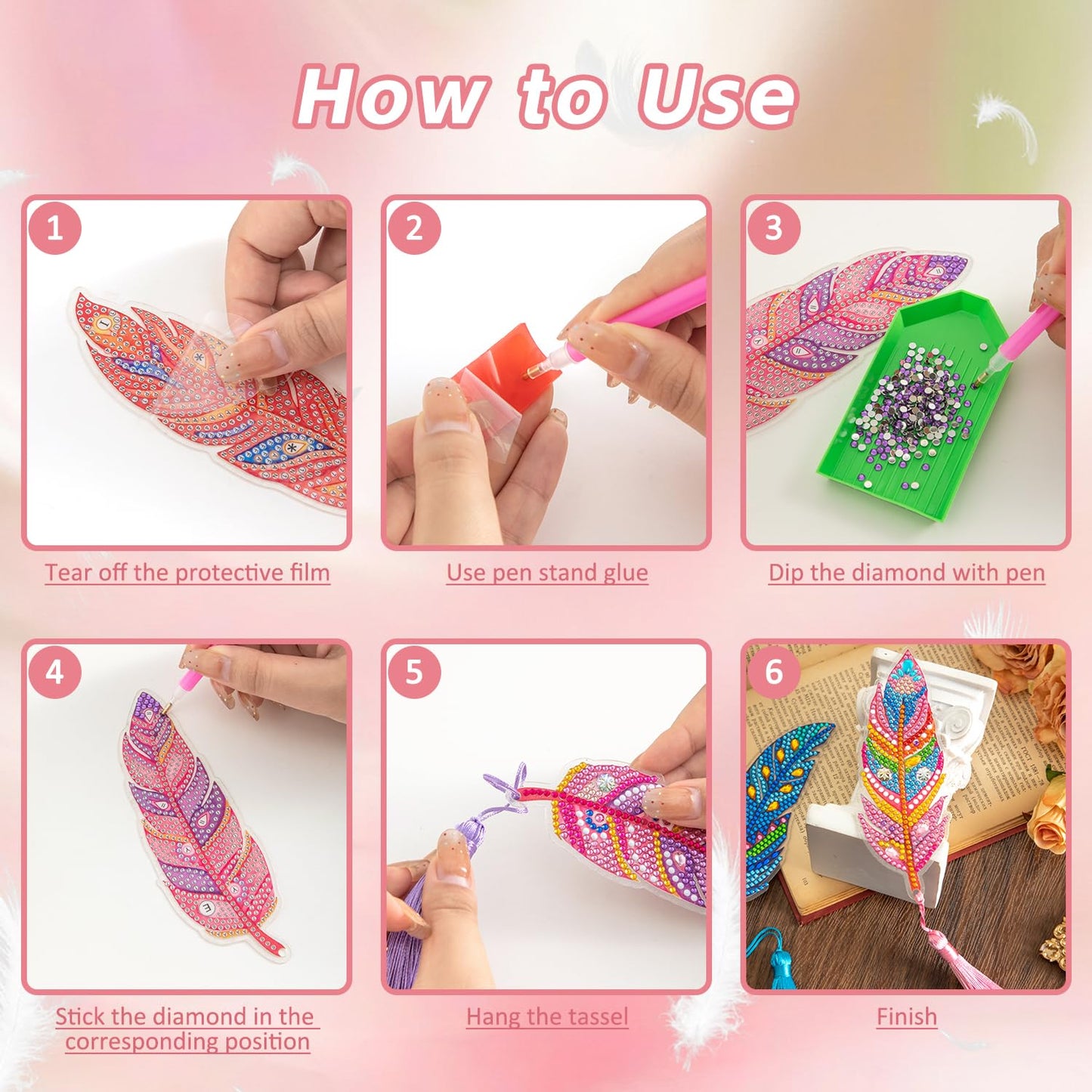 6 Pcs 5D Diamond Painting Art Kit, DIY Acrylic Crystal Diamond Bookmarks with Tassel, Flower & Feather Designs, Handmade Crafts BookMark Gift for Book Lovers, Women & Teenage, Creative Decor