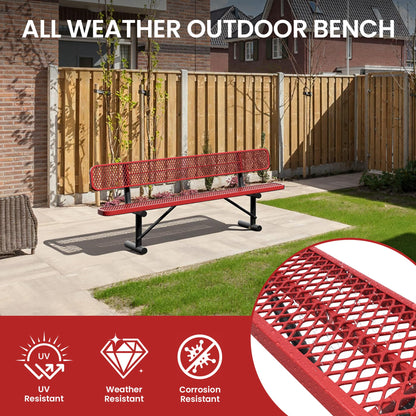 Sunnibety 8 Feet Steel Park Bench for Outside, Outdoor Bench with Backrest & Portable Frame, Commercial Benches for Shopping Malls, Stores, Parks, Patios, Decks, Red