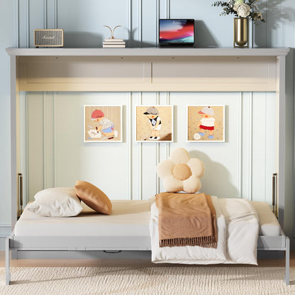 DNYN Queen Size Murphy Bed for Bedroom,Guest Room,Solid Wood Wall Bedframe w/Wooden Leg & Cabinet Design,Super Save Space & No Box Spring Needed, Gray