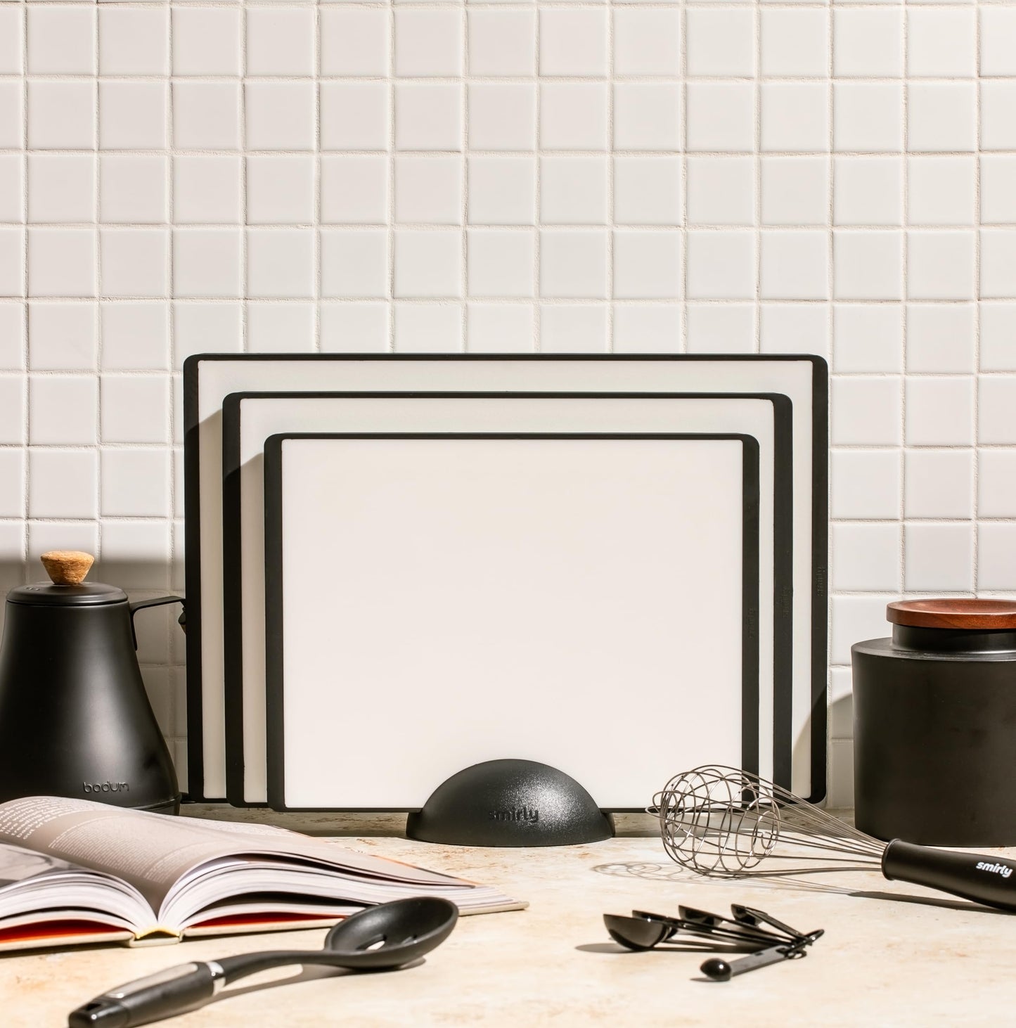 SMIRLY Plastic Cutting Board Set with Holder 3 Pieces, Non-Slip Dishwasher Safe Chopping Boards for Kitchen, Black & White