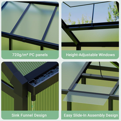 6x10 FT Greenhouse, Outdoor Sliding Door, Polycarbonate Greenhouse with Aluminum Frame, Lockable Door and Ajustable Roof Vent for Backyard, Outside Garden Backyard, Patio, Black