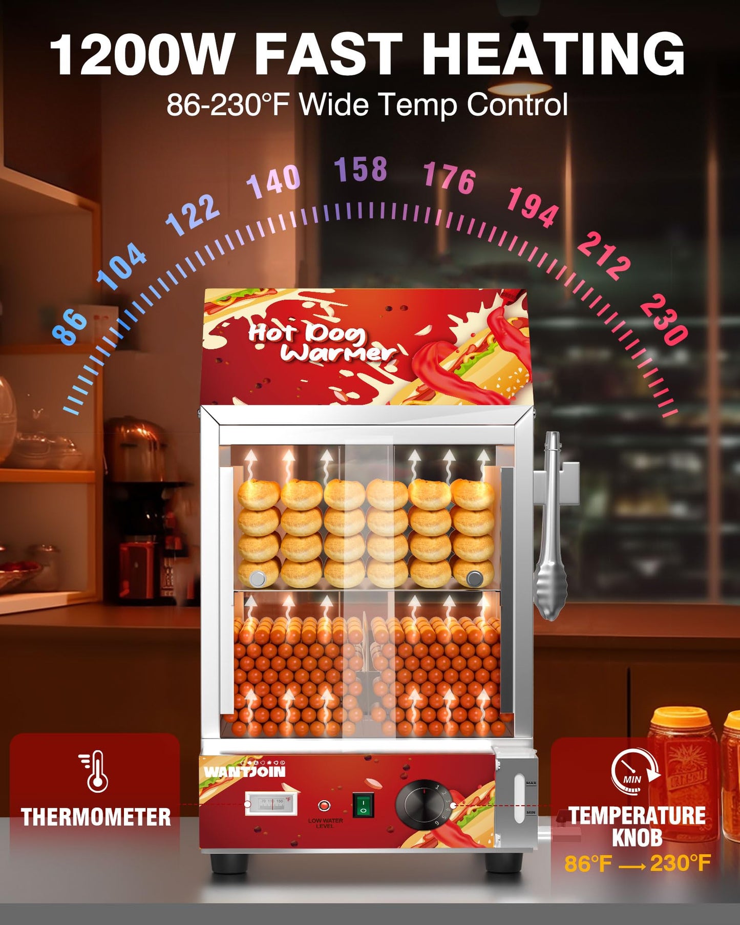 WantJoin Hot Dog Steamer - 28.8QT Commercial Electric Hot Dog Steamer with Bun Warmer, Glass Sliding Door Steaming Machine for 175 Hot Dogs and 40 Buns Adjustable Temperature Red