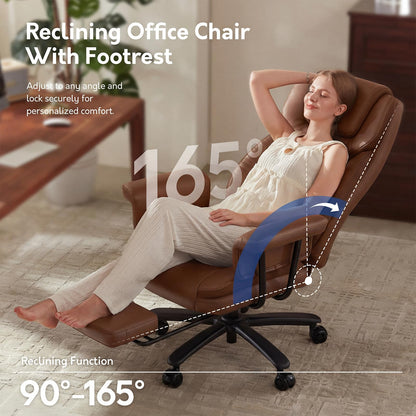 JULYMON Executive Office Chair Big and Tall 500LBS, 165° Reclining Heavy Duty Office Chair with Footrest & Quiet Rubber Wheels, Height Adjustable, Soft Strong Padded Arms, Brown