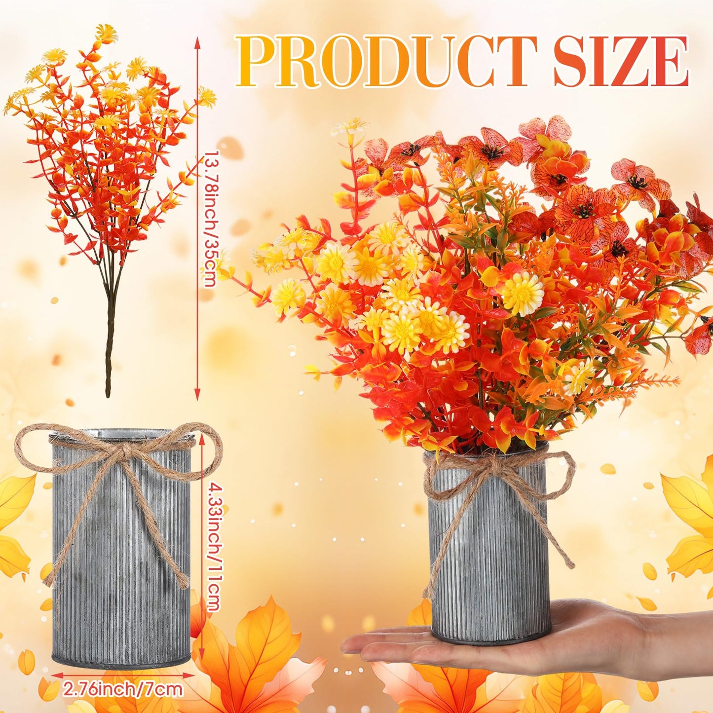 Zeyune 6 Sets Artificial Fall Thanksgiving Centerpiece for Tables Faux Fall Plants with Galvanized Pots Farmhouse Artificial Orange Autumn Flowers Bouquet for Wedding Home Office Rustic Decor