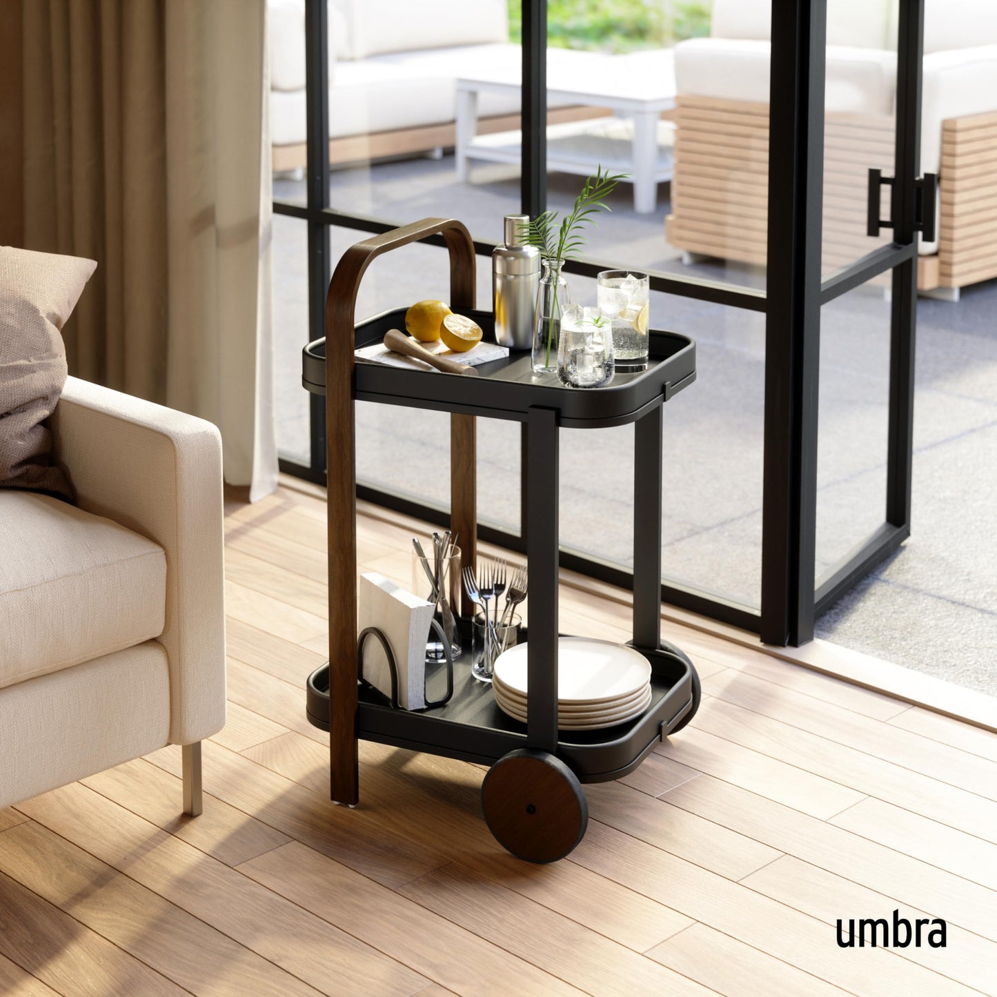 Umbra Bellwood Bar Cart, Serving Trolley, Side Table, Walnut/Black