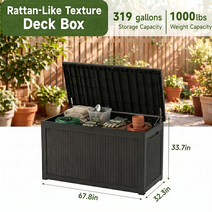 319 Gallon Extra Large Outdoor Storage Box, Waterproof Deck Box with Lockable Lid, Resin Outside Storage Box for Patio Furniture, Pool Accessories, Garden Tools, Storage Bench for Backyard,Porch,Black