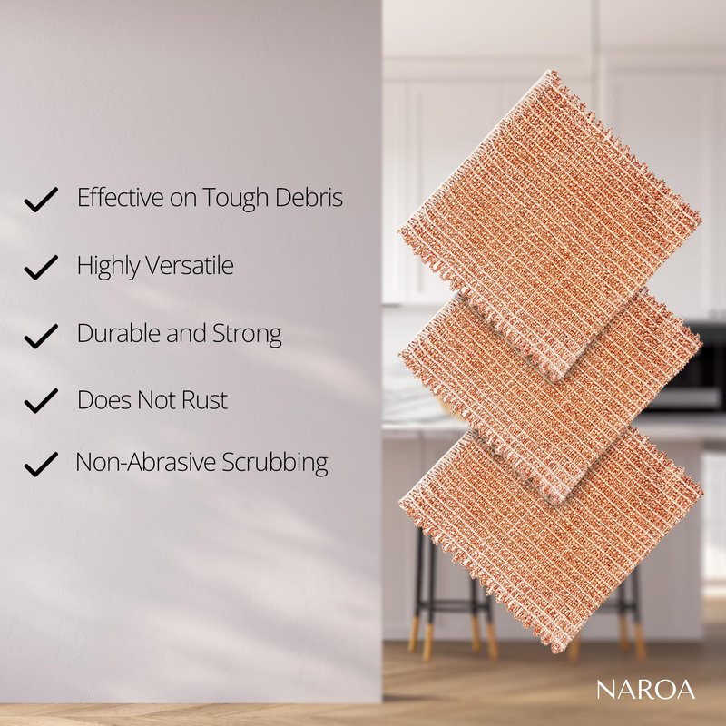 Naroa Copper Scrubbing Pads 3 Pack | 2-Ply Non-Abrasive Metal Mesh Scrubber | Reusable Copper Cleaning Cloth for Stainless Steel, Pots, Pans, Cast Iron | Kitchen Supplies Dishwashing Tools