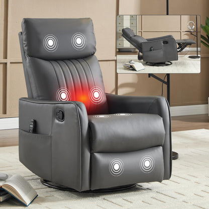 KEIKI 4-in-1 Manual Swivel Rocker Recliner Chair for Living Room, Faux Leather Nursery Glider Rocking Chairs with Back Massager & Heat, Built for RV Travel Living and Mobile Home, Grey