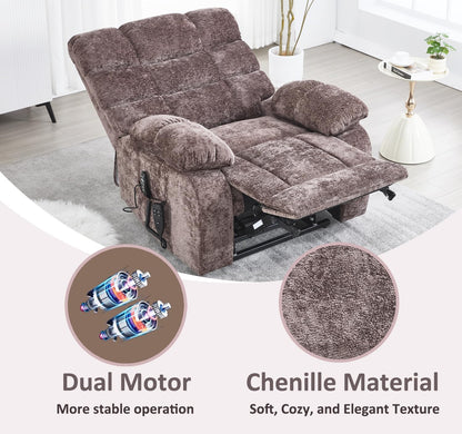 RHHVVR Oversized Power Lift Recliner Chair for Elderly, Dual Motor Lay Flat Recliner Big Chair with Massage and Heating, Chenille Electric Recliner Chairs for Living Room, Medium-Firm, Brown