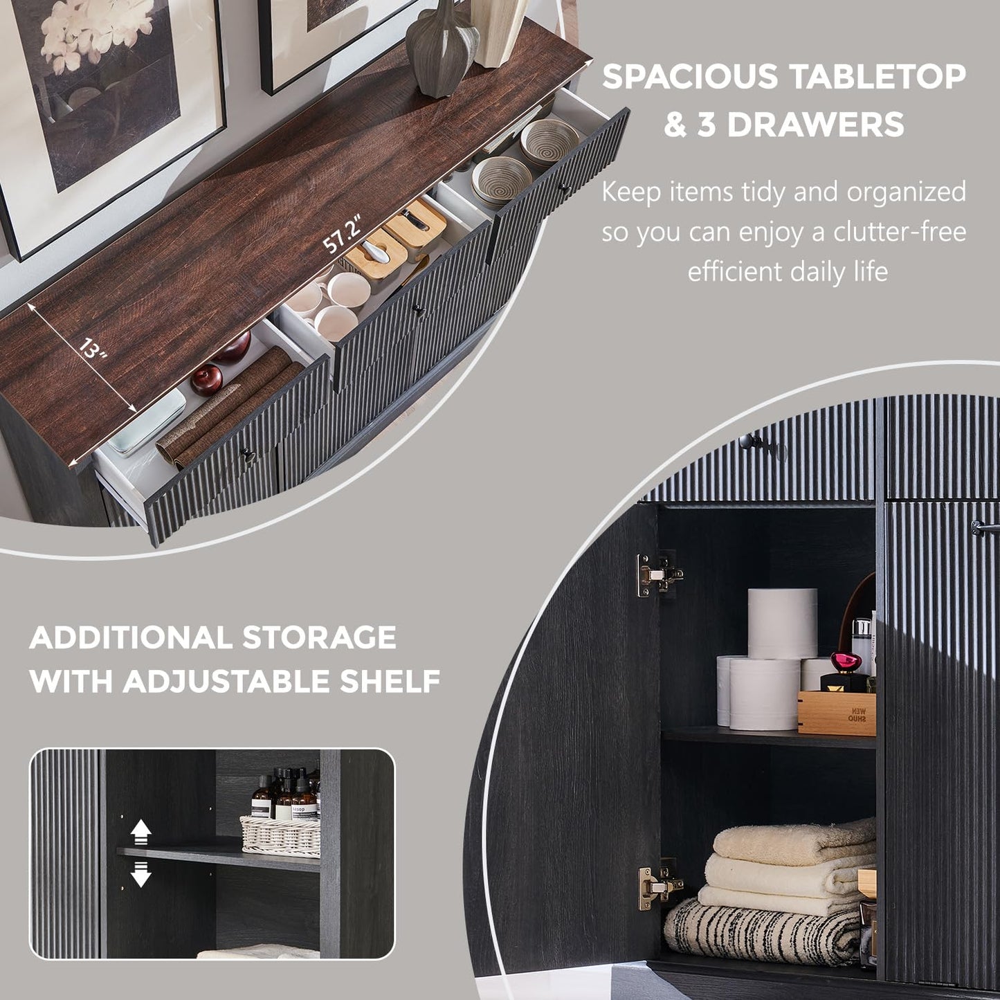 IFGET Triple Tilt Out Trash Can Cabinet, Modern Fluted Laundry Hamper Cabinet with 3 Drawers, 20 Gallon Hidden Wooden Garbage Can Cabinet w/Storage Basket & Adjustable Shelf, for Kitchen, Grey