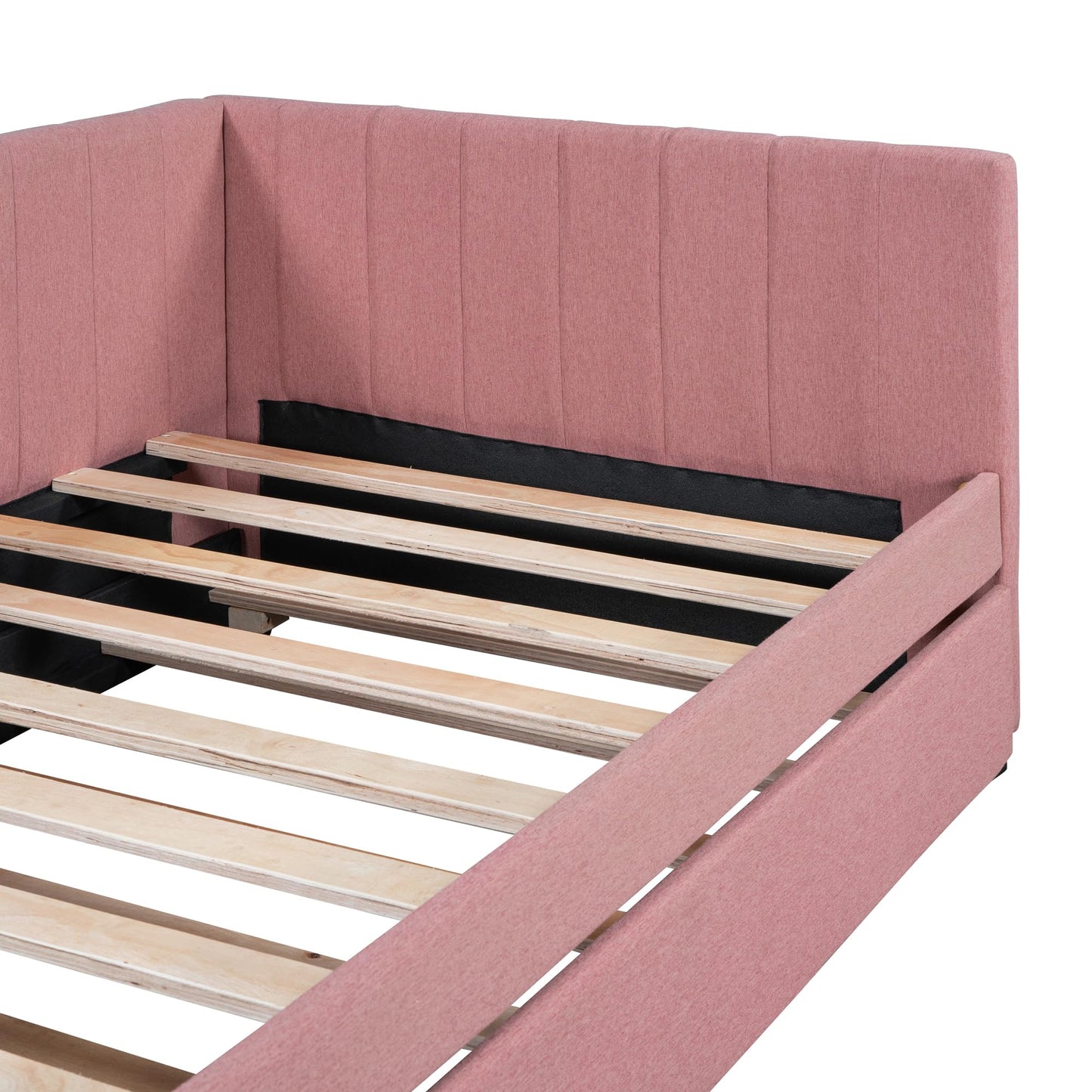 ACQCA Twin Size Upholstered Linen Daybed with Trundle,Semi-Closed Design,Solid Wood Bed Frame,W/Backrest and Slat Support,No Box Spring Needed,for Apartment Bedroom,Pink