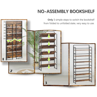 4NM No Assembly Extra Wide 6 Tiers Folding Bookshelf Storage Shelves Vintage Bookcase Standing Racks Study Organizer Home Office (Rustic Brown Black)