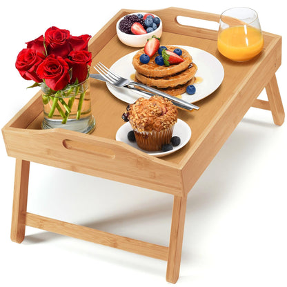 Home-It Bed Table Tray with Folding Legs - Bamboo Breakfast Tray with Handles for Bed, Sofa, Eating and Laptops, Snacking and Working