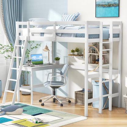 KOMFOTT Twin Loft Bed with Desk, Solid Wood Twin Bed Frame with 2 Ladders, Safety Guardrail for Teenagers, Space-Saving Loft Bed with Wooden Slats Support, No Box Spring Needed (White)