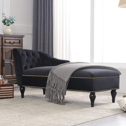 GDFStudio 58" Upholstered Chaise Lounge Chair Indoor, Modern Velvet Lounge Chaise with Button Tufted Arm, Nailhead Trim & Solid Wood Legs, Sleeper Bed Recliner Chair for Living Room Bedroom, Black