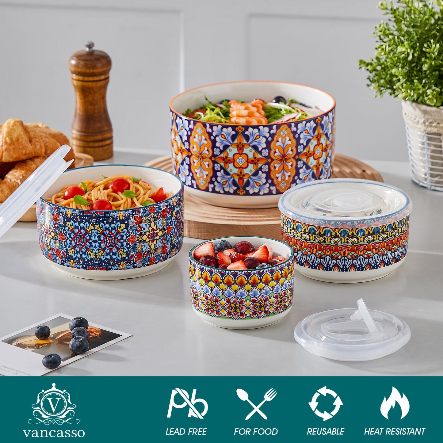 vancasso Serving Bowls with Lids Set of 4, Ceramic Nesting Mixing Bowls for Food Storage, Prep and Stackable, Dishwasher & Microwave Safe Gift Set, 60/36/20/10 OZ, Series SIMI