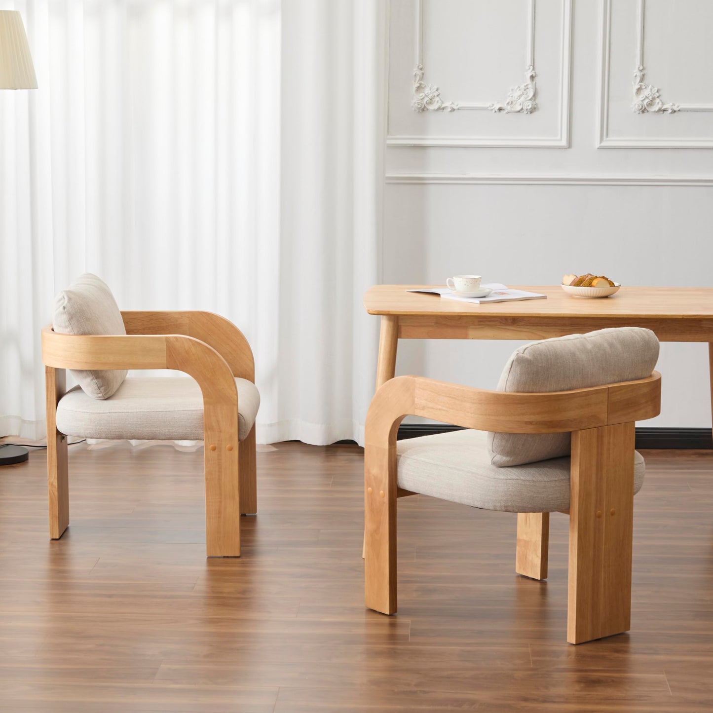 Christopher Knight Home Yorick Modern Dining Chair Set of 2 with Cushion, Solid Wood Dining Room Armchair Set, Curved Backrest Kitchen Side Chair, Living Room Comfy Extra Seat, Natural+Beige