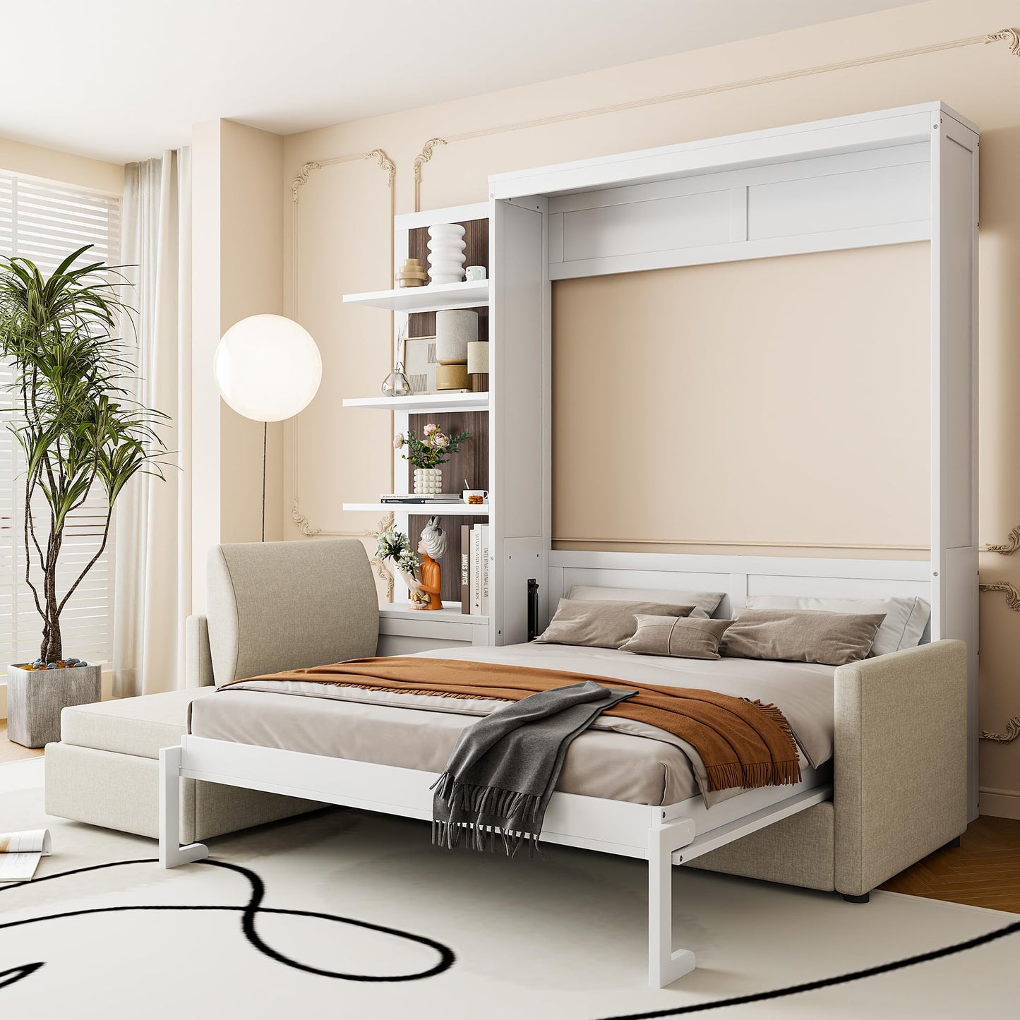Ball & Cast Murphy Bed Queen Size Wall Chest with Sofa and Shelves,Wood Hideaway Cabinet Platform Bedframe w/Slat Support,can be Folded,Space-Saving,for Small Room,Dorms,White