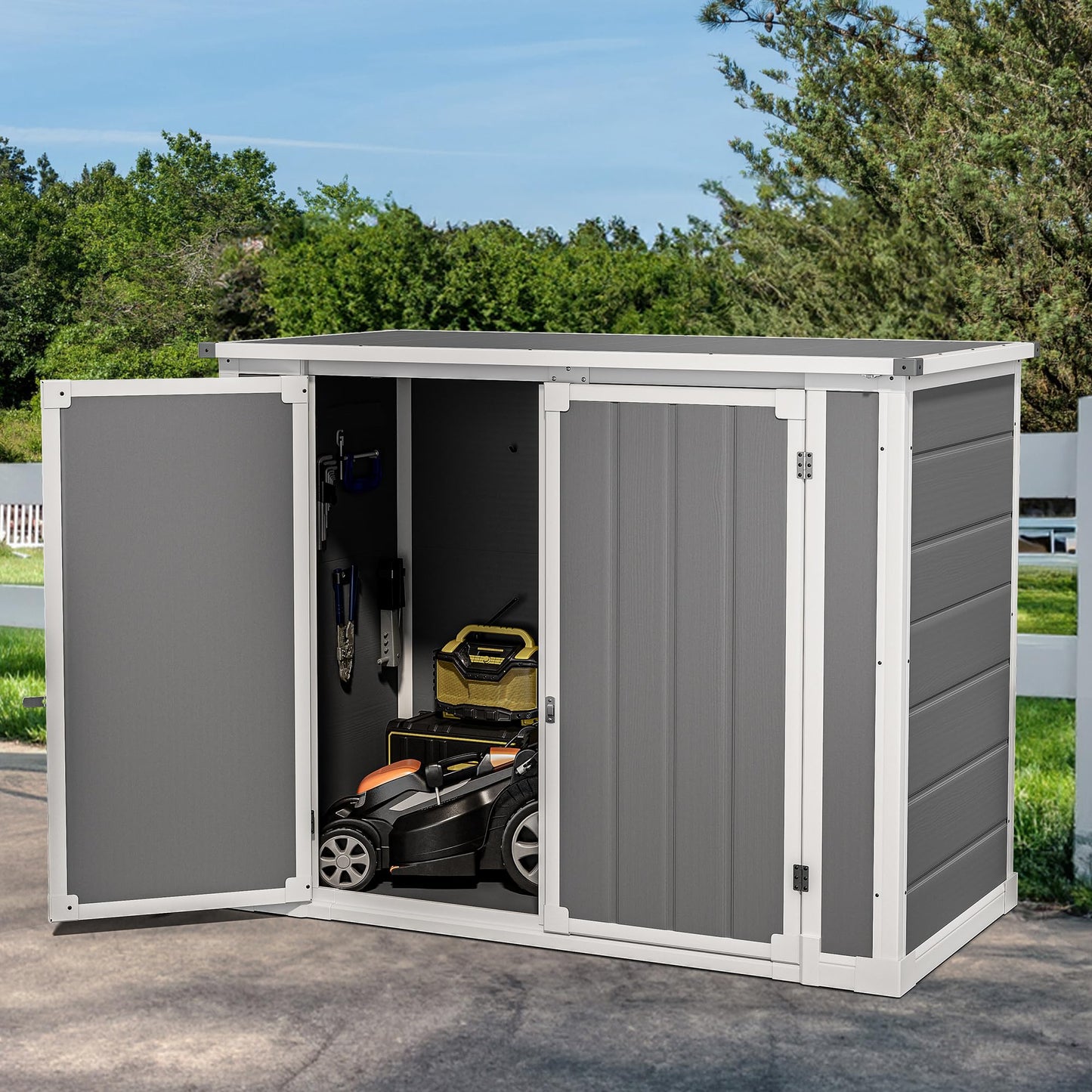 DWVO 4.7x2.5 FT Outdoor Storage Shed w/o Shelf, 35Cu.ft Horizontal Resin Tool Shed with Hydraulic Gas Rod and 3 Locks for Garden, Trash Cans, All-Weather Outdoor Storage, Lockable with Floor