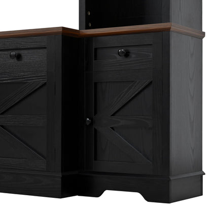 Merax 98.8" W Black Entertainment Center with Bookshelves for Living Room, Wooden Wall Unit TV Stand with Storage for TVs up to 80", Media Console with Drawers, Outlets, Cabinets & Adjustable Shelves