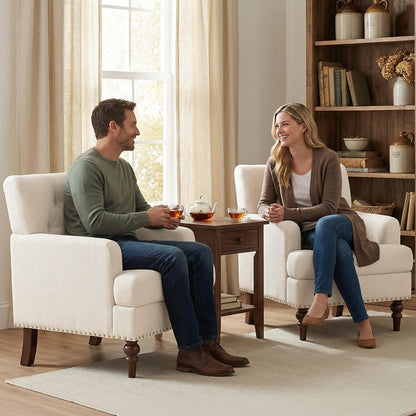 MALOL Upholstered Accent Chair with Thick Cushion, High Back Reading Chair, Linen Blend Armchair with Solid Rubberwood Legs for Living Room, Bedroom, Reading, Apartment & Small Spaces,Beige,Set of 2