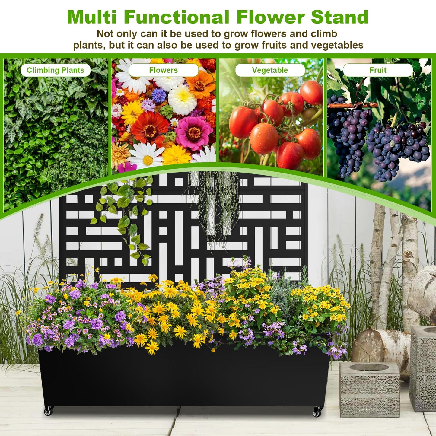 Meyoppm 72"x47"x16" Metal Planter Box with Trellis, Galvanized Steel Raised Garden Bed with Lockable Casters & Drainage Holes, Outdoor Large Planter Box for Climbing Plants, Vegetables & Flowers