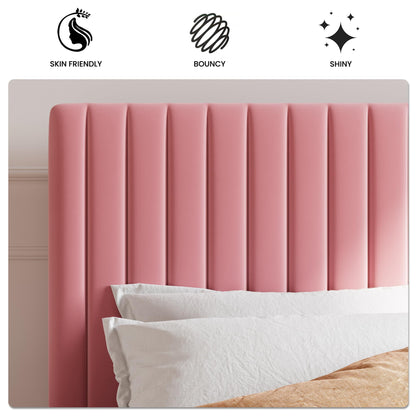 SHA CERLIN King Upholstered Platform Bed Frame with Adjustable Headboard/Vertical Channel Tufted Velvet Fabric/Wooden Slats Support/Mattress Foundation/Box Spring Optional/Pink