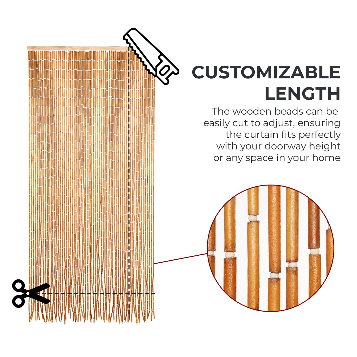 Natural Wooden Beaded Curtain with Solid Wood Beads, Hand-Painted Hanging Door Curtain, Natural Wood Doorway Beads, 36" x 79", 90 Strings, Handmade Wooden Room Divider for Doorways & Windows