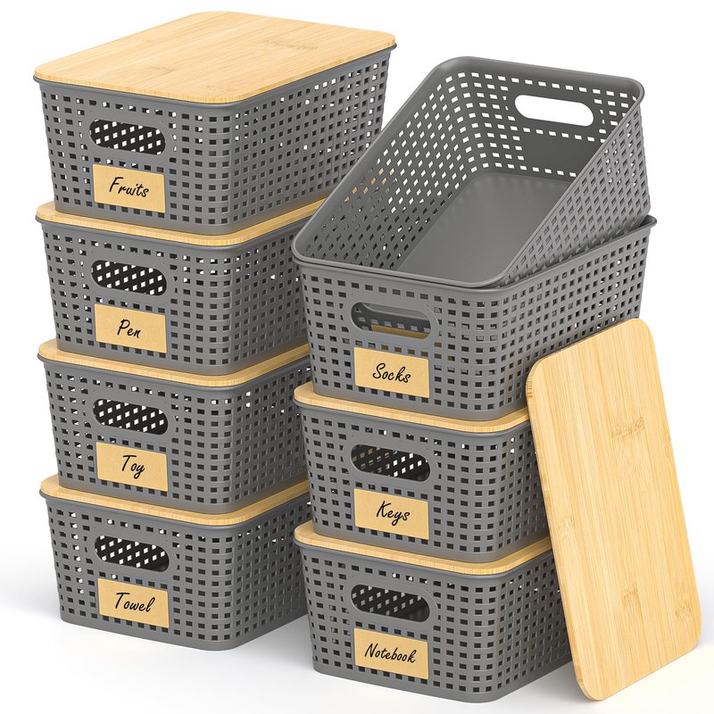 Stackable Storage Basket: Plastic Baskets Bins, Baskets for Organizing, Pantry Decorative Containers for Closets, Cabinets, Shelves(8 Pack, Grey)
