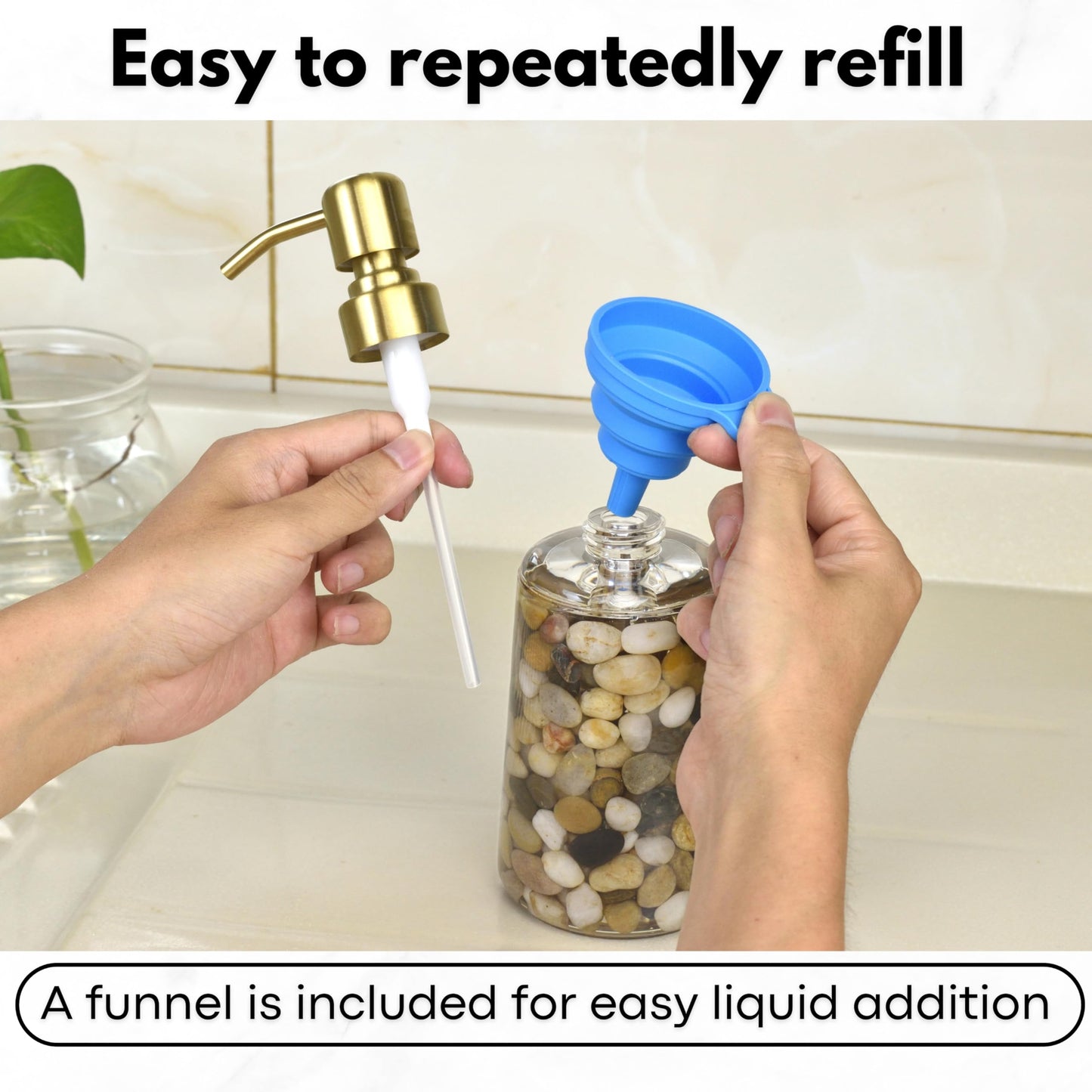 Handmade Refillable Soap Dispenser for Bathroom & Kitchen, Rocks Stone Soap Dispenser with Gold Stainless Steel Pump