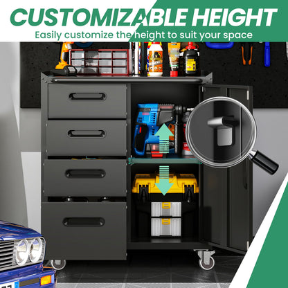 VIYET Garage Cabinets,Metal Garage Storage Cabinet with Wheels,Black Lockable Rolling Tool Cabinet with Drawer and Adjustable Shelves,Heavy Duty Tool Chest for Home Office Utility Room