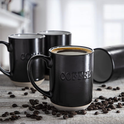 Sheffield Home Set of 4 Stoneware Coffee Mugs, Printed Tea Cups, Latte Mugs 16 oz (Black)