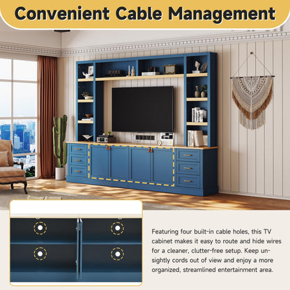 Merax 102.3 Inch Wide Farmhouse Entertainment Center, Rustic TV Stand with 6 Drawers & Adjustable Shelves, Large Media Console for TVs up to 75", Modern Bookshelves Wall Unit, Blue