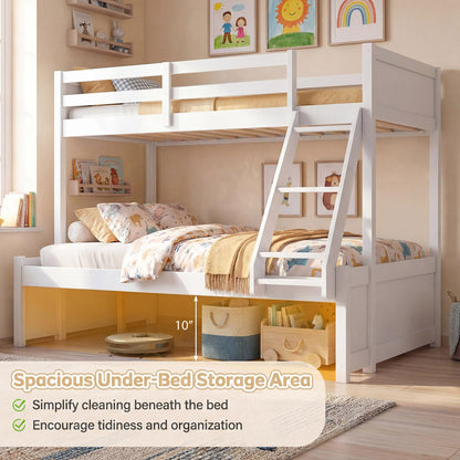 KOMFOTT Twin Over Full Bunk Bed, Pine Bed Frame with 3-Step Ladder, Full-Length Guardrails & 21 Wooden Support Slats, Solid Wood Bunk Bed for Teens, Kids, Adults, Dorms and Apartments (White)
