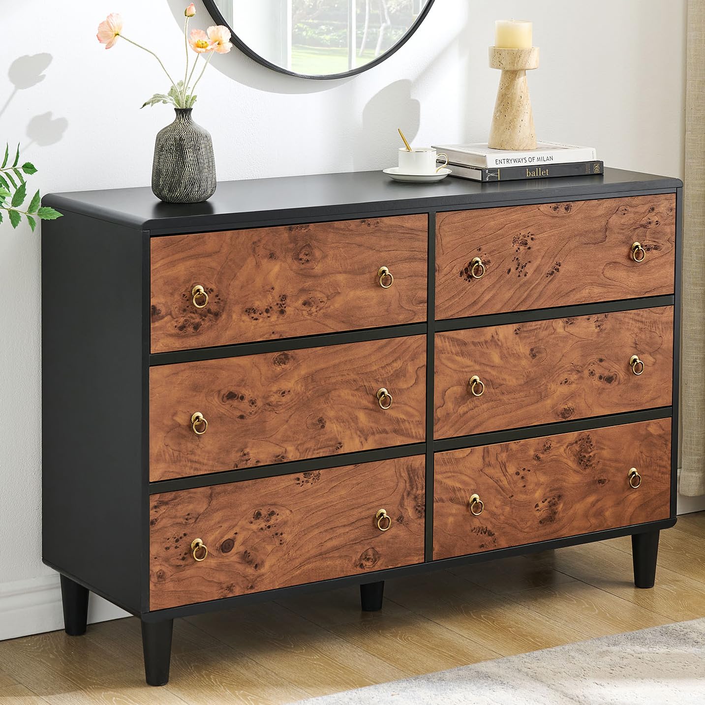 IDEALHOUSE 6 Drawers Dresser for Bedroom, 47" Wide Modern Chest of Drawers with Vintage Circle Handle w/Curved Profile Design, Wood Dresser for Living Room, Hallway, Entryway, Natural Oak