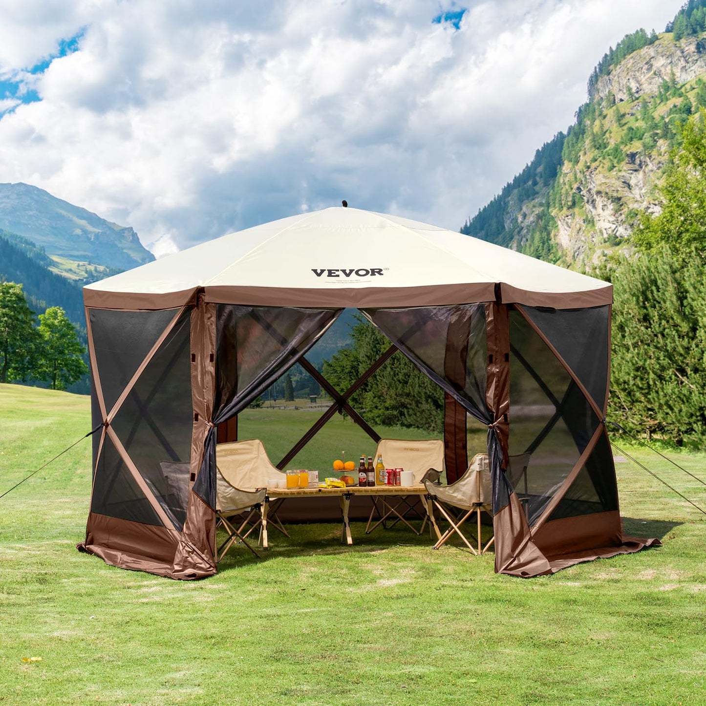 VEVOR Pop Up Gazebo Screen Tent 6 Sided Canopy Sun Shelter with 6 Removable Privacy Wind Cloths & Mesh Windows, 11.5x11.5FT Quick Set Screen Tent with Mosquito Netting, Brown