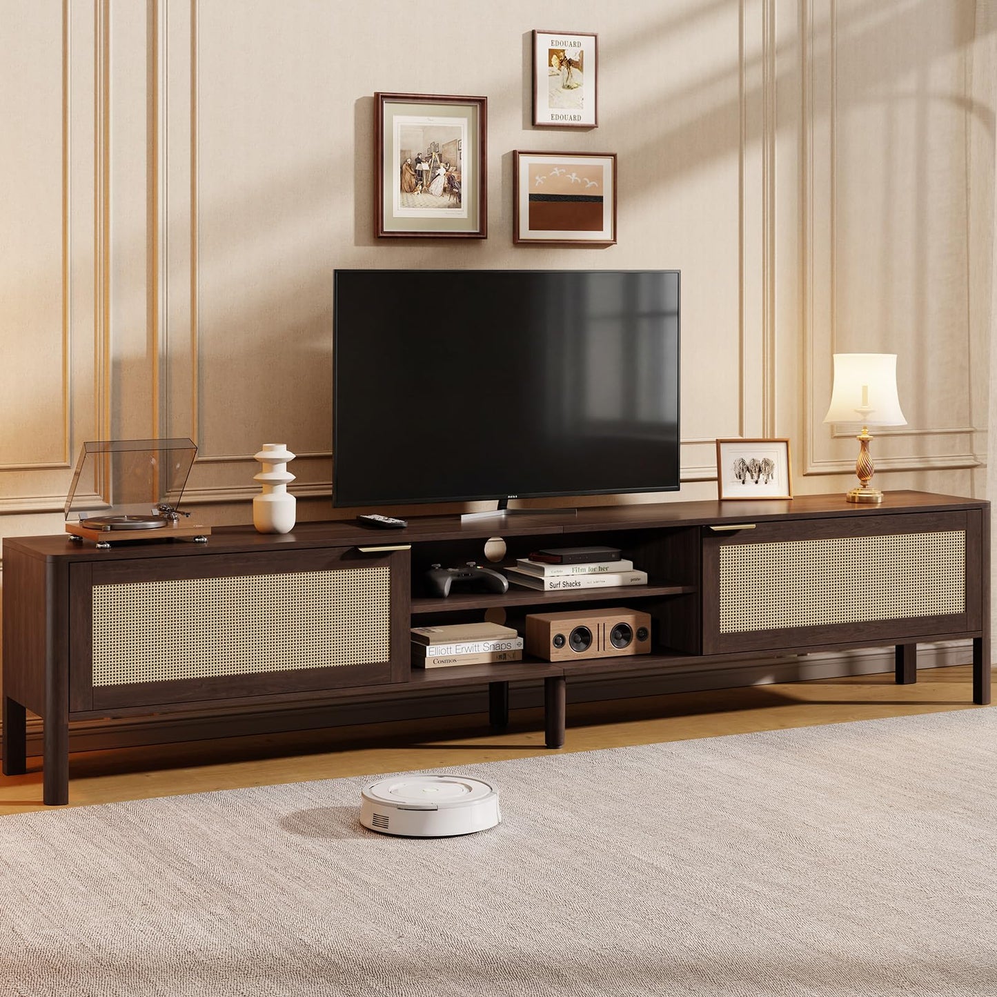 IKALIFE Rattan TV Stand for Living Room - Fits up to 85 Inch TVs, Rattan Media Console Table with Adjustable Shelves & 2 Storage Cabinets, Mid-Century Modern Entertainment Center, Walnut 80"
