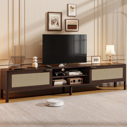 IKALIFE Rattan TV Stand for Living Room - Fits up to 85 Inch TVs, Rattan Media Console Table with Adjustable Shelves & 2 Storage Cabinets, Mid-Century Modern Entertainment Center, Walnut 80"