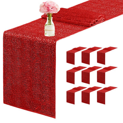 Yblut 10 Packs 12 x 72 inches Sequin Table Runner, Red Glitter Table Runner for Birthday Party Supplies Wedding Engagement Baby Shower Holiday Celebration Event Decorations
