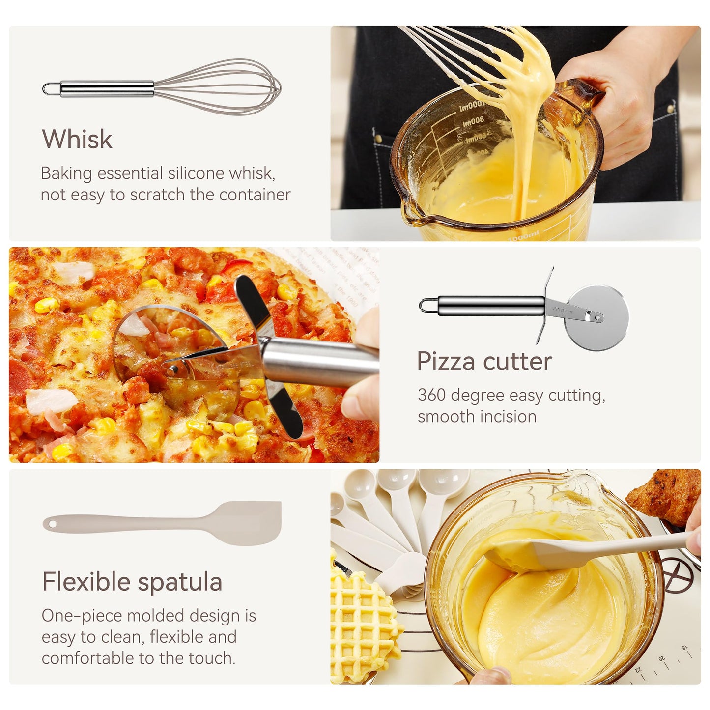 Silicone Cooking Utensils Set, NCUE 35 Pcs Kitchen Utensils Set with Holder, with Stainless Steel Handle Spatula Set, Spoons, Pasta Server, Cheese Grater, Masher, Scissors, Dishwasher Safe (Khaki)