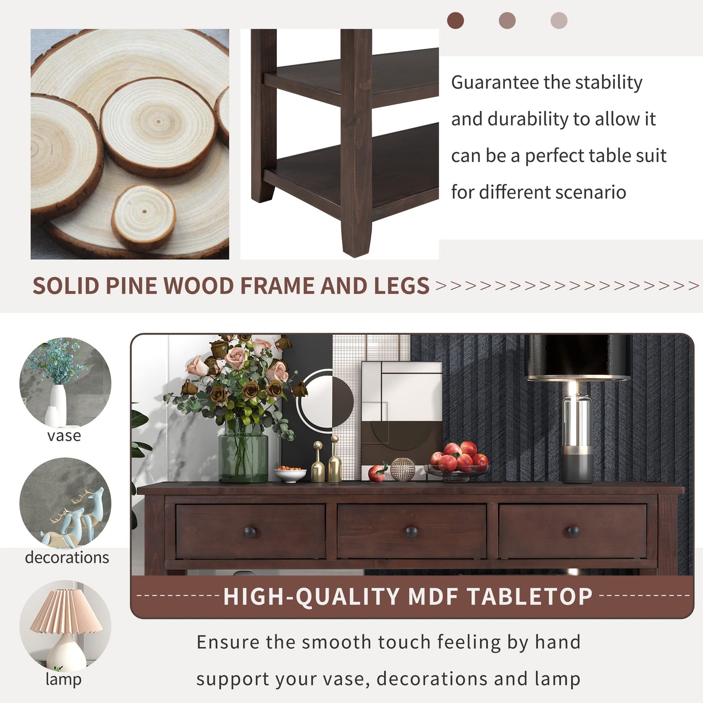 Bellemave Solid Wood Console Table with Drawers, Retro Entryway Table with 3 Drawers and 2 Open Storage Shelves, Narrow Long Sofa Table, Behind Couch Table for Living Room, Foyer and Hallway, Espresso