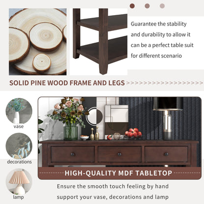 Bellemave Solid Wood Console Table with Drawers, Retro Entryway Table with 3 Drawers and 2 Open Storage Shelves, Narrow Long Sofa Table, Behind Couch Table for Living Room, Foyer and Hallway, Espresso