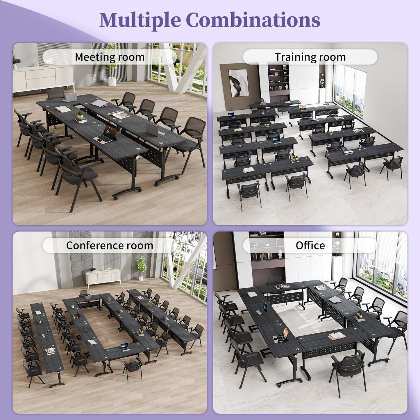 JNMDLAKO Folding Conference Room Table for 6-12 Person, Modular Mobile Large Flip-Top Training Table with Locking Wheels, Modern Rectangular Seminar Meeting Tables for Office (6, Black, 61in)