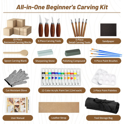 Wood Carving Kit, Wood Carving Tools Set with Carving Knives Detail Knives Basswood Blocks Gloves Polishing Compound Coloring Set, Wood Whittling Kit for Beginners DIY Hobbies for Adults